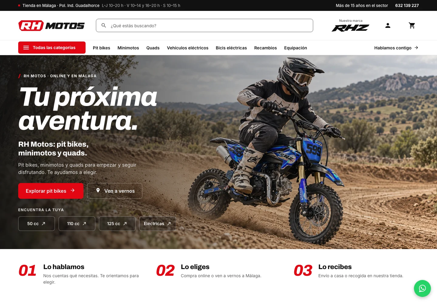 Nueva tienda RH Motos: navegación por categorías, buscador y portada con una pit bike