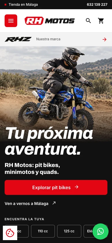 Versión móvil de RH Motos, con menú, buscador, carrito y acceso a las categorías de pit bikes