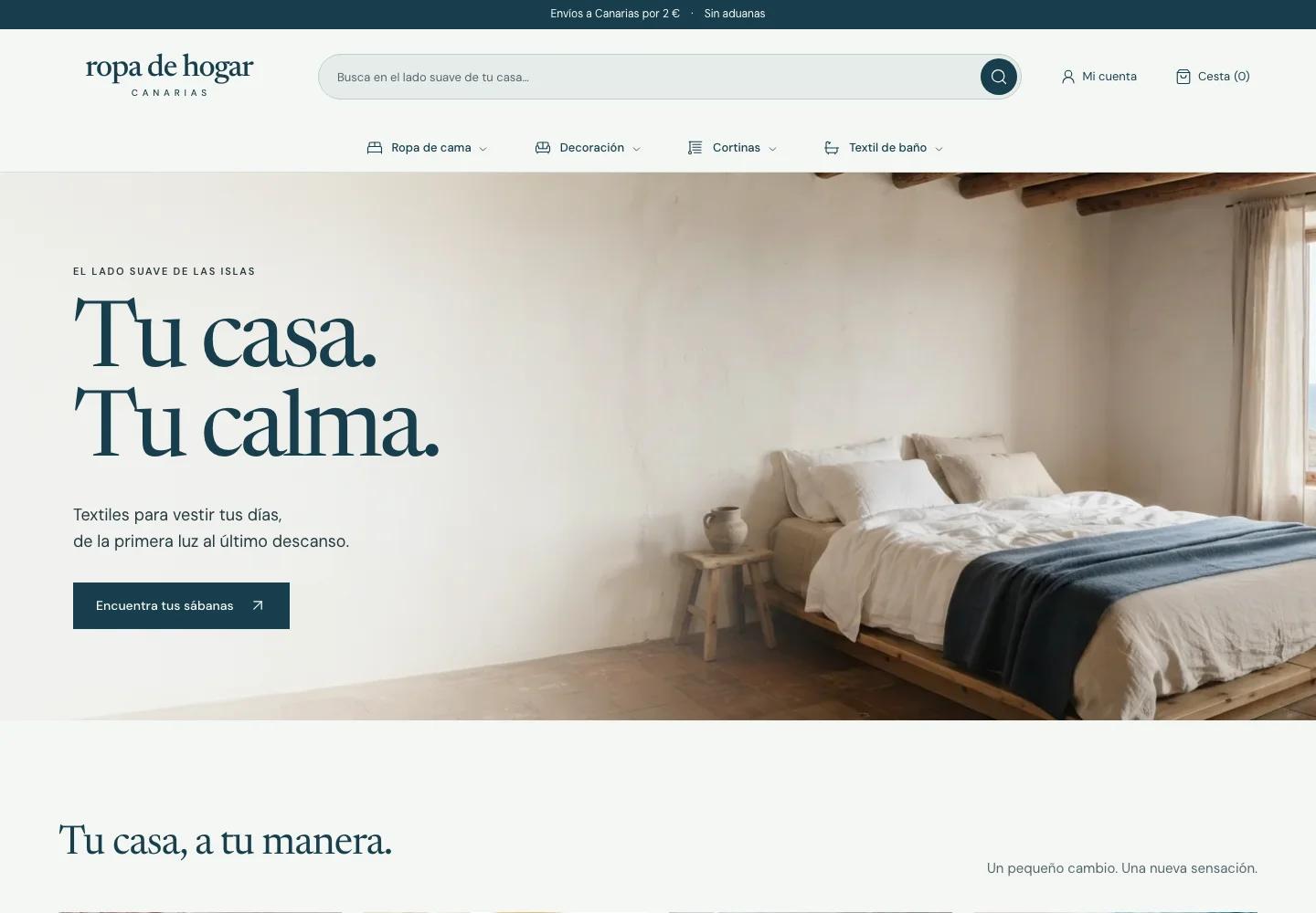 Nueva portada de Ropa de Hogar Canarias: dormitorio luminoso, nueva identidad y el mensaje Tu casa. Tu calma.
