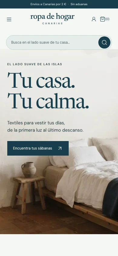 Portada móvil de Ropa de Hogar Canarias con el nuevo logotipo, buscador y acceso a la colección de sábanas